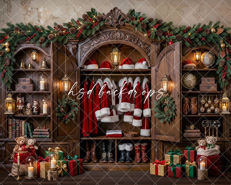 Santa’s Heirloom Wardrobe Photography Backdrop – Classic Christmas Studio Scene | HSD Backdrops
