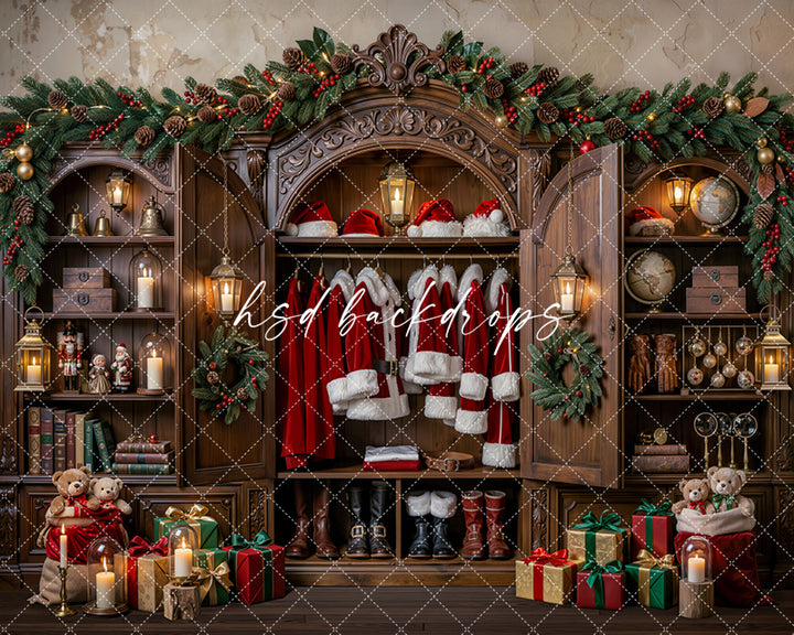 Santa’s Heirloom Wardrobe Photography Backdrop – Classic Christmas Studio Scene | HSD Backdrops