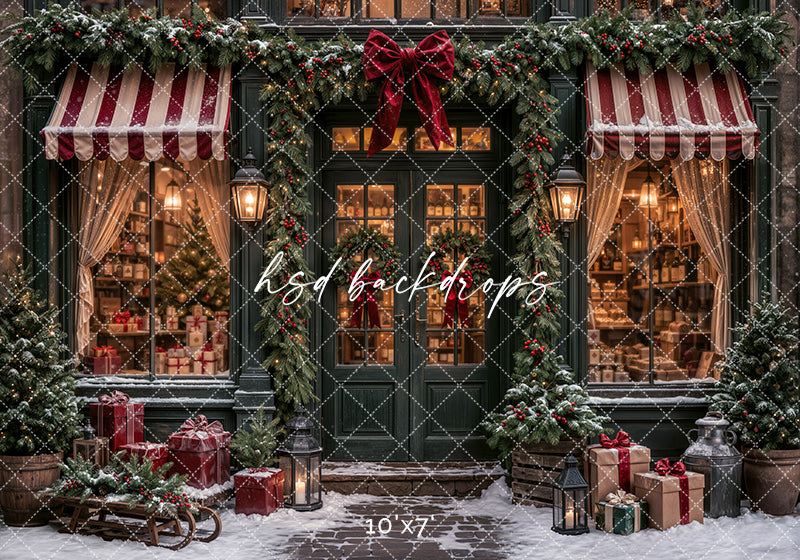 Snowy Christmas Storefront Photography Backdrop – Classic Holiday Shop | HSD Backdrops
