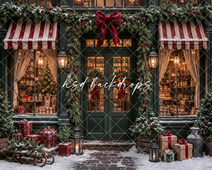 Snowy Christmas Storefront Photography Backdrop – Classic Holiday Shop | HSD Backdrops