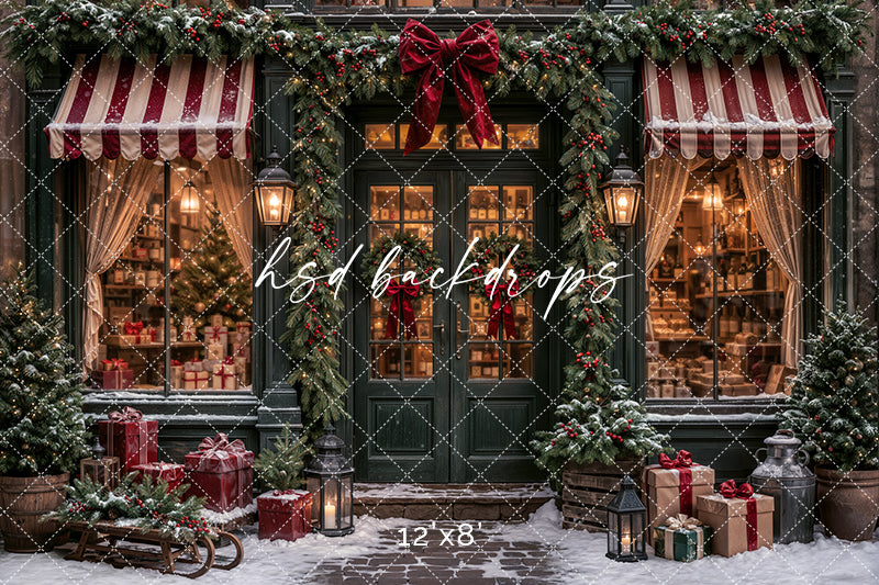 Snowy Christmas Storefront Photography Backdrop – Classic Holiday Shop | HSD Backdrops