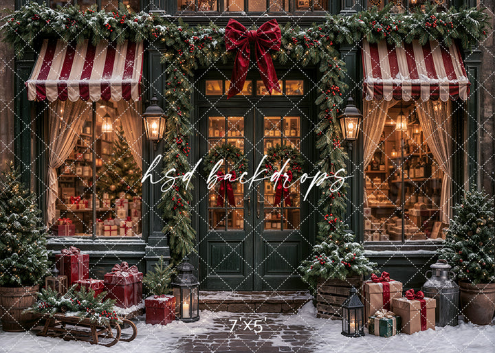 Snowy Christmas Storefront photography backdrop with green shop doors, red striped awnings, evergreen garland, red bow, glowing holiday windows, lanterns, wrapped gifts, sled, snowy cobblestone walkway, and classic Christmas shop styling.