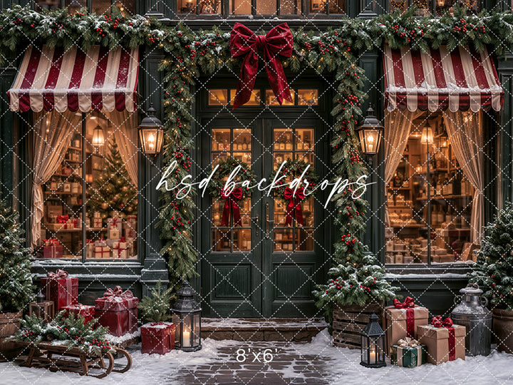 Snowy Christmas Storefront Photography Backdrop – Classic Holiday Shop | HSD Backdrops
