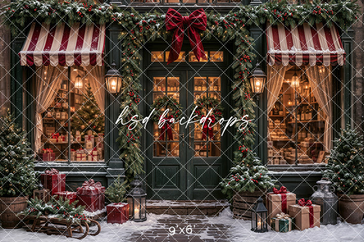 Snowy Christmas Storefront Photography Backdrop – Classic Holiday Shop | HSD Backdrops