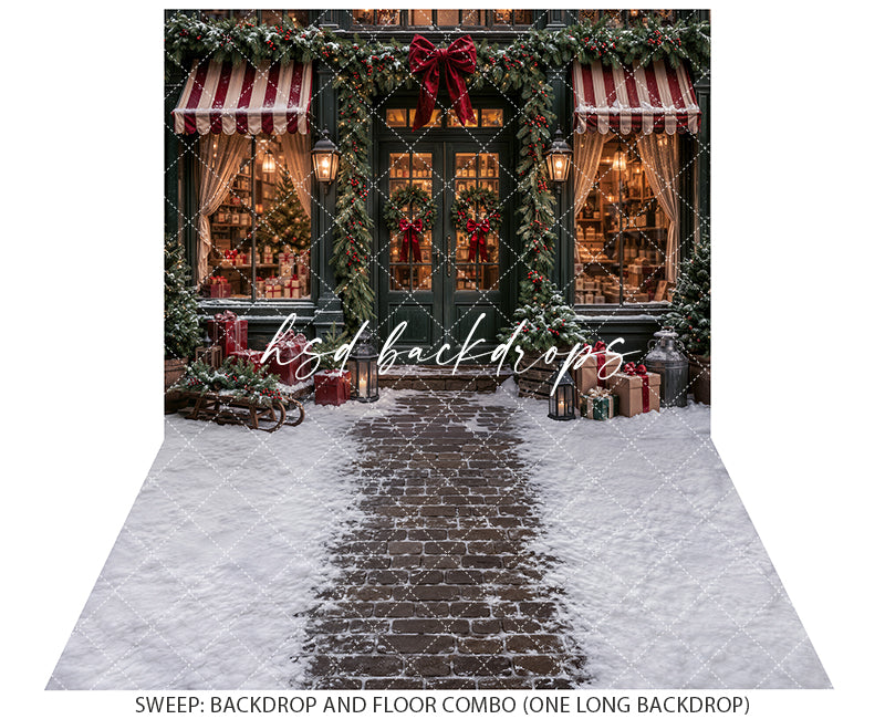 Snowy Christmas Storefront Photography Backdrop – Classic Holiday Shop | HSD Backdrops