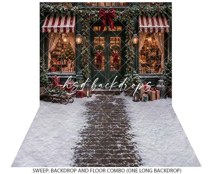 Snowy Christmas Storefront Photography Backdrop – Classic Holiday Shop | HSD Backdrops