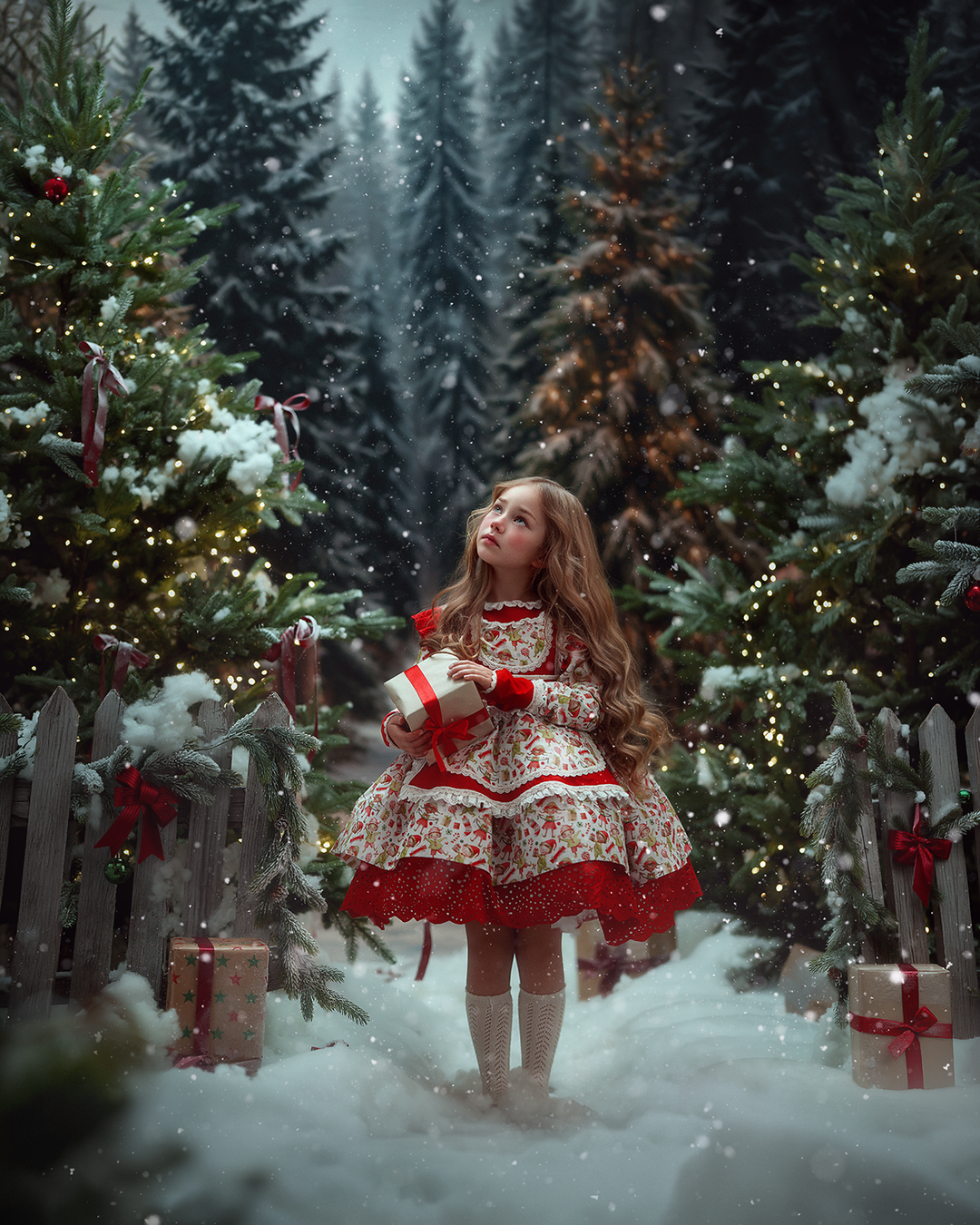 Winter woodland Christmas mini session photographed by MK Slowinski featuring a child in a red velvet-style dress with snowy evergreen trees, festive lights, and rustic Christmas scenery.