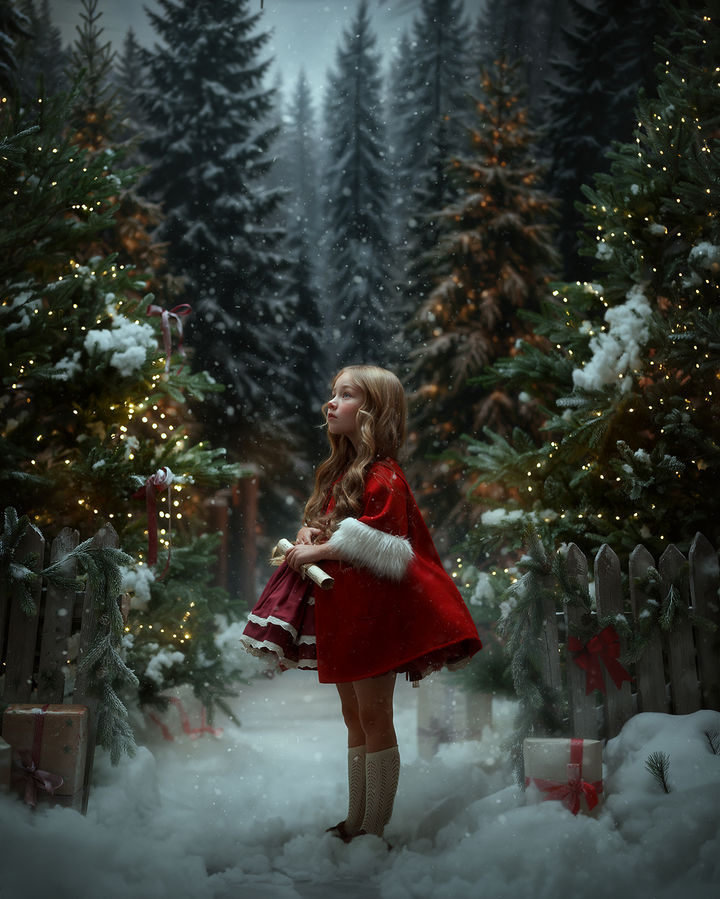 Christmas portrait photographed by MK Slowinski featuring a young girl in a burgundy holiday dress beside a snow-covered fence, glowing Christmas tree, and snowy woodland backdrop.