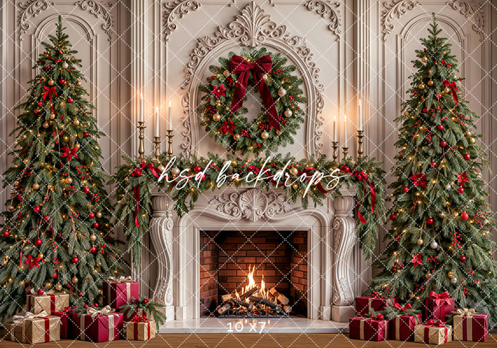 Red Ribbon Christmas Fireplace Photography Backdrop – Elegant Holiday Room Scene | HSD Backdrops