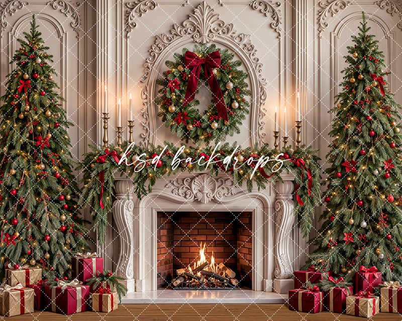 Red Ribbon Christmas Fireplace Photography Backdrop – Elegant Holiday Room Scene | HSD Backdrops