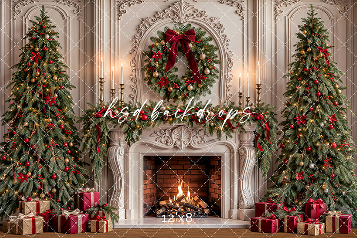 Red Ribbon Christmas Fireplace Photography Backdrop – Elegant Holiday Room Scene | HSD Backdrops