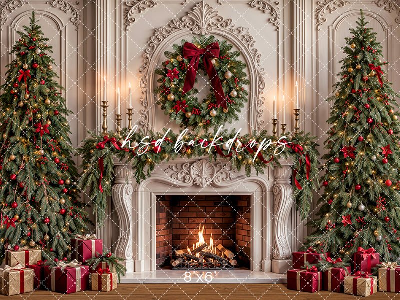 Red Ribbon Christmas Fireplace Photography Backdrop – Elegant Holiday Room Scene | HSD Backdrops