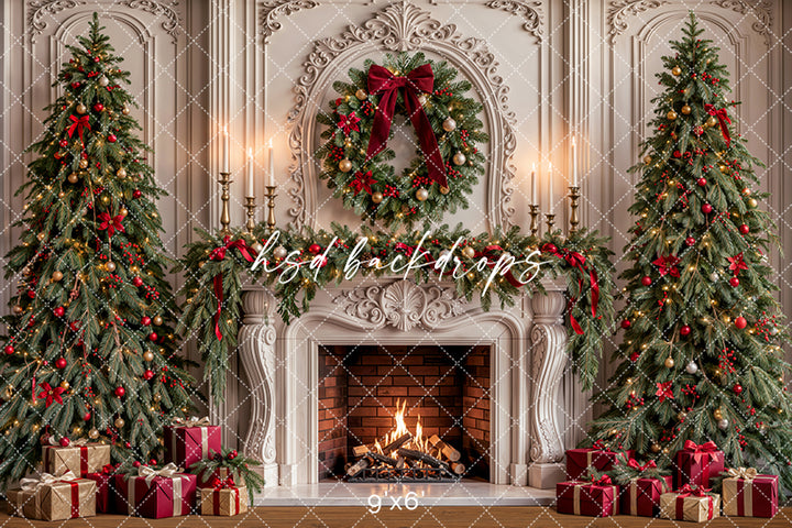 Red Ribbon Christmas Fireplace Photography Backdrop – Elegant Holiday Room Scene | HSD Backdrops