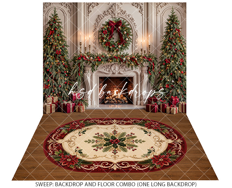 Red Ribbon Christmas Fireplace Photography Backdrop – Elegant Holiday Room Scene | HSD Backdrops