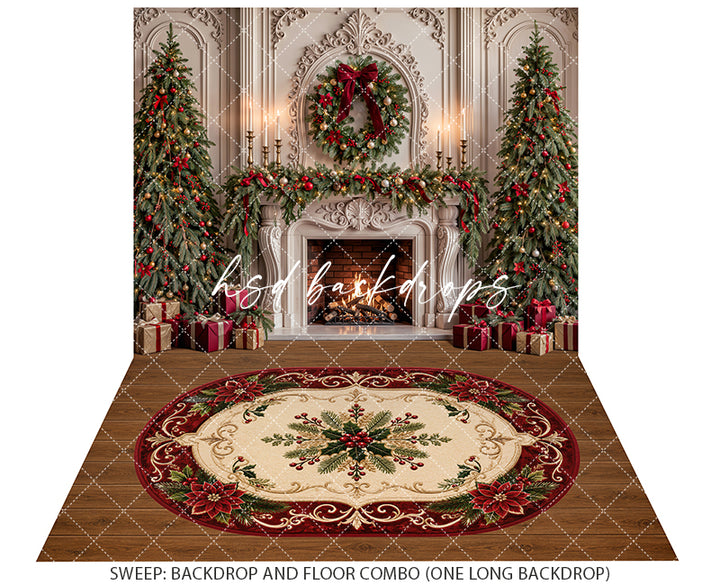 Red Ribbon Christmas Fireplace Photography Backdrop – Elegant Holiday Room Scene | HSD Backdrops