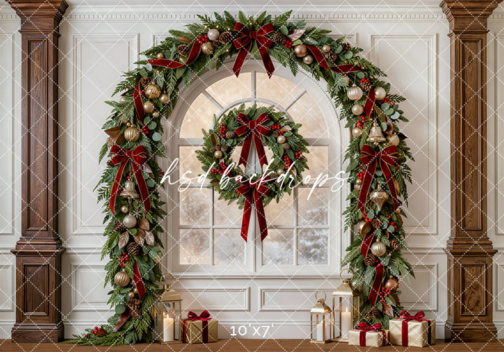 Evergreen Christmas Window Photography Backdrop – Classic Holiday Studio Scene | HSD Backdrops