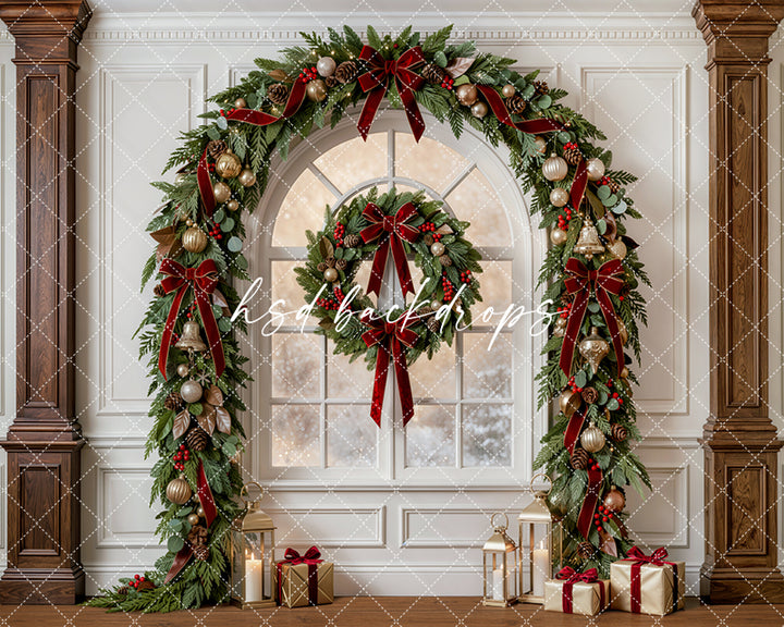 Evergreen Christmas Window Photography Backdrop – Classic Holiday Studio Scene | HSD Backdrops
