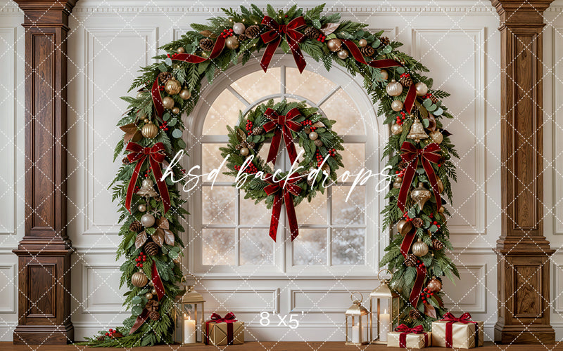 Evergreen Christmas Window Photography Backdrop – Classic Holiday Studio Scene | HSD Backdrops