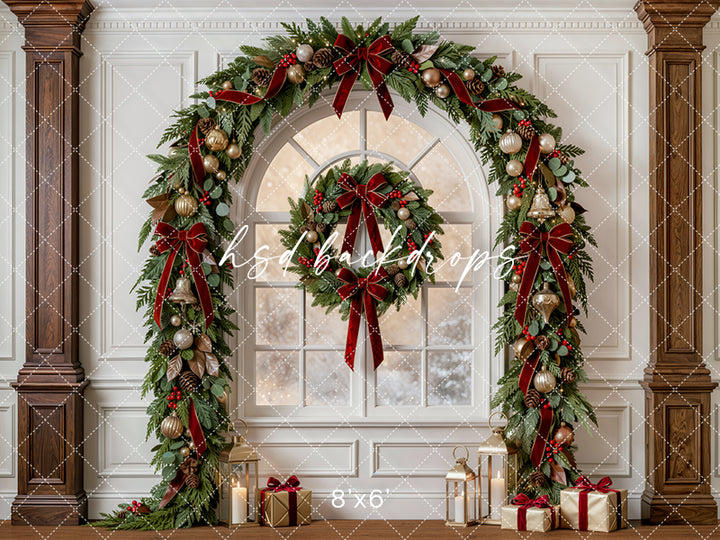 Evergreen Christmas Window Photography Backdrop – Classic Holiday Studio Scene | HSD Backdrops