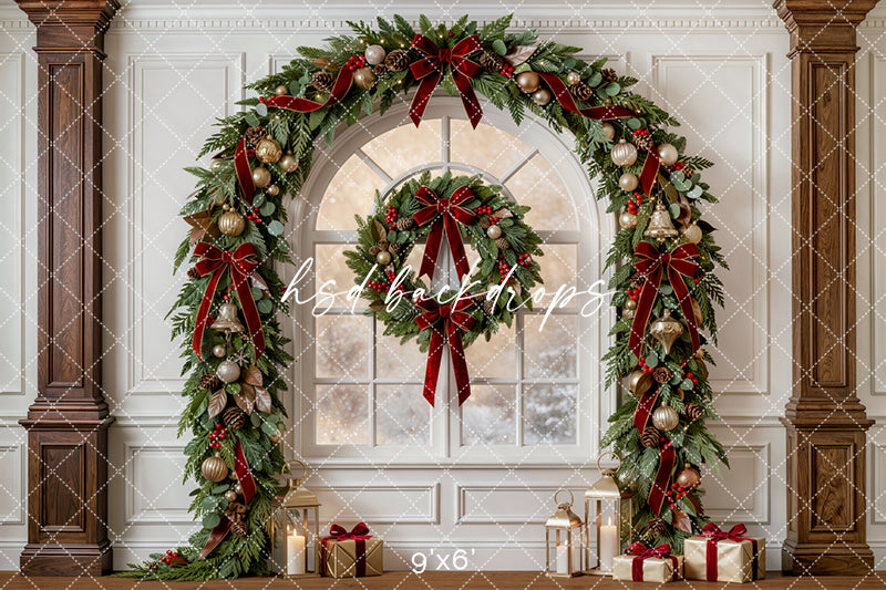 Evergreen Christmas Window Photography Backdrop – Classic Holiday Studio Scene | HSD Backdrops