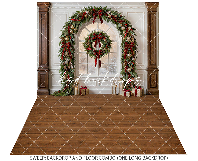 Evergreen Christmas Window Photography Backdrop – Classic Holiday Studio Scene | HSD Backdrops