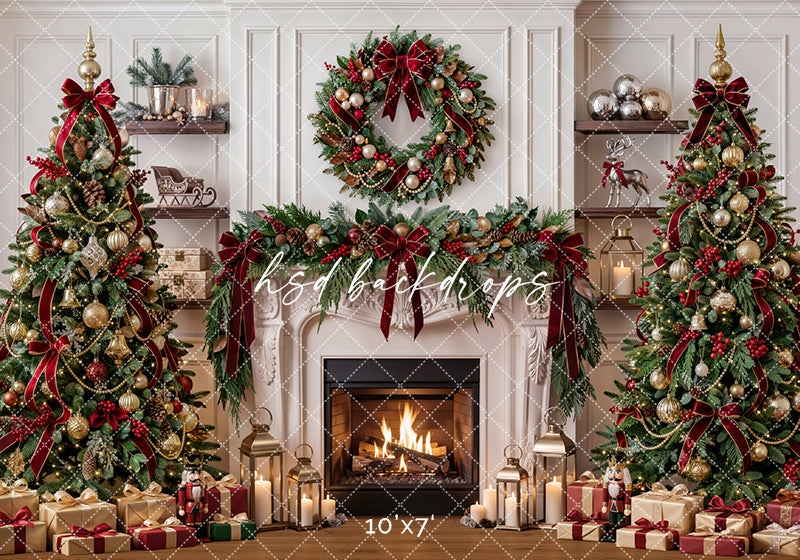 Evergreen Heirloom Fireplace Photography Backdrop – Classic Christmas Room Scene | HSD Backdrops