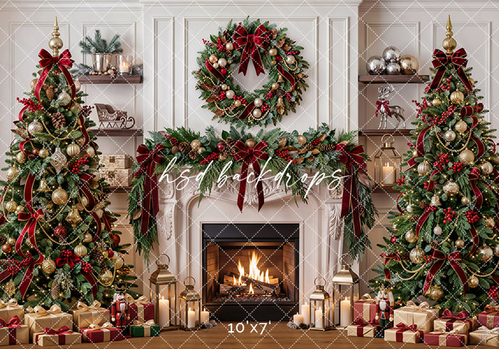 Evergreen Heirloom Fireplace Photography Backdrop – Classic Christmas Room Scene | HSD Backdrops