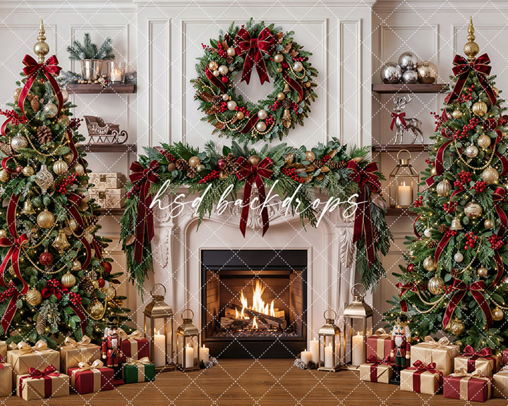 Evergreen Heirloom Fireplace Photography Backdrop – Classic Christmas Room Scene | HSD Backdrops