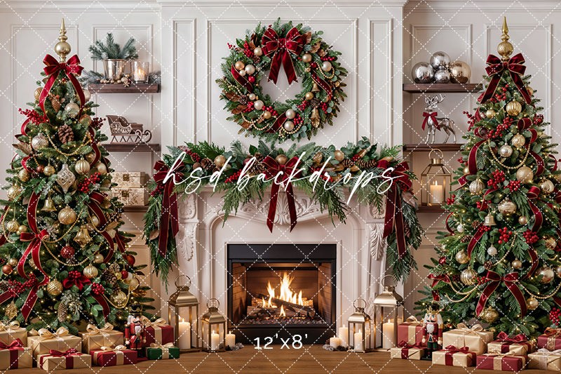 Evergreen Heirloom Fireplace Photography Backdrop – Classic Christmas Room Scene | HSD Backdrops