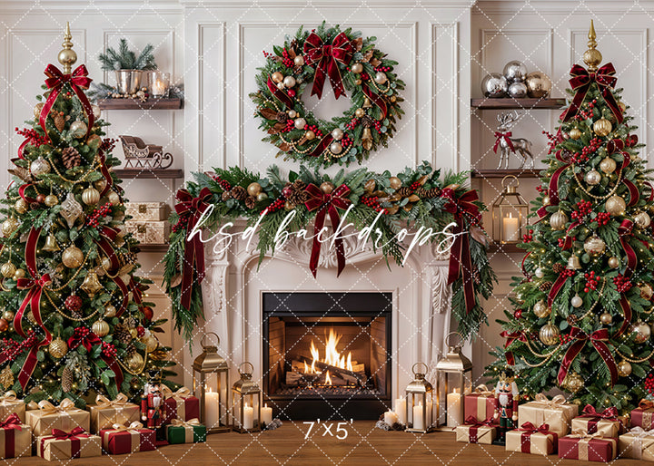 Evergreen Heirloom Fireplace Christmas photography backdrop with ivory fireplace, glowing fire, decorated Christmas trees, evergreen garland, burgundy ribbons, gold ornaments, lanterns, wrapped gifts, and classic holiday room styling.