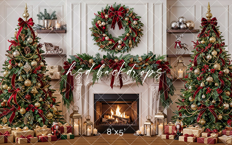 Evergreen Heirloom Fireplace Photography Backdrop – Classic Christmas Room Scene | HSD Backdrops