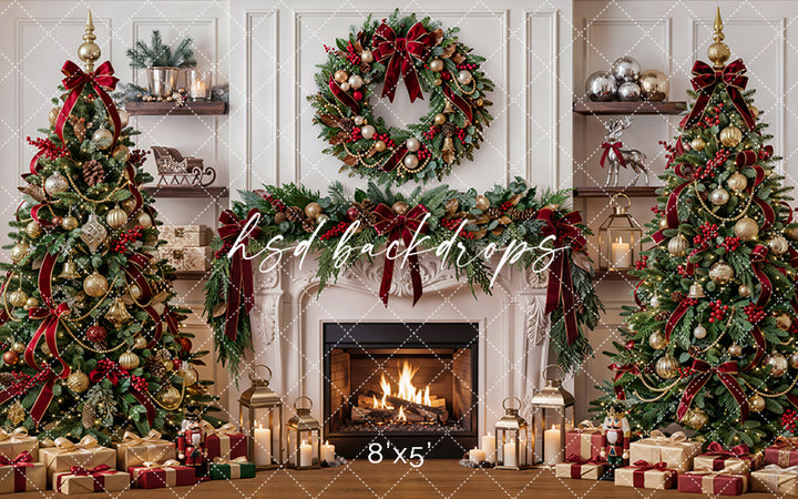 Evergreen Heirloom Fireplace Photography Backdrop – Classic Christmas Room Scene | HSD Backdrops