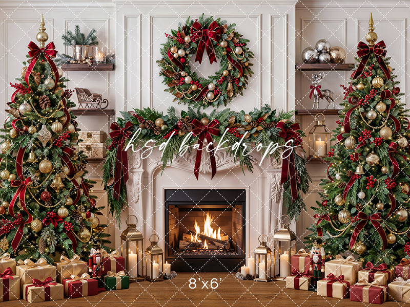 Evergreen Heirloom Fireplace Photography Backdrop – Classic Christmas Room Scene | HSD Backdrops