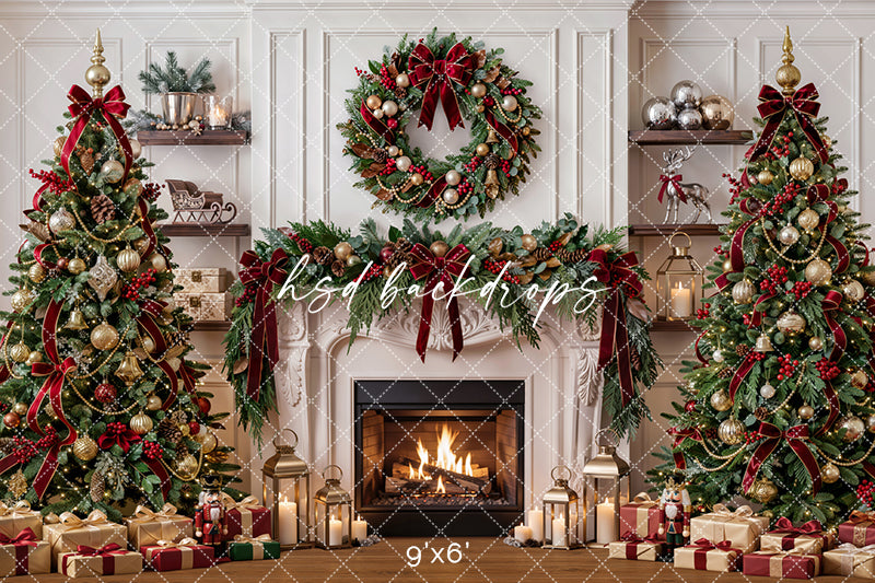 Evergreen Heirloom Fireplace Photography Backdrop – Classic Christmas Room Scene | HSD Backdrops