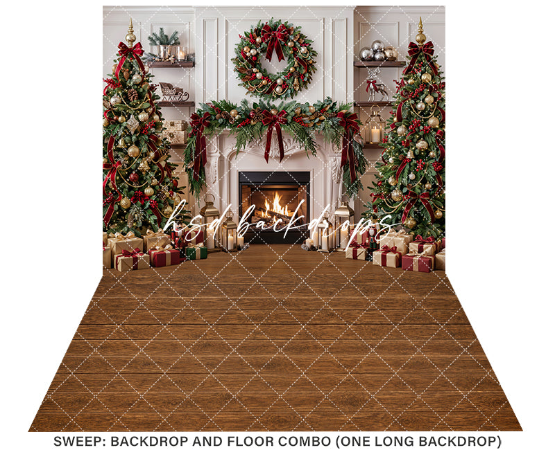 Evergreen Heirloom Fireplace Photography Backdrop – Classic Christmas Room Scene | HSD Backdrops
