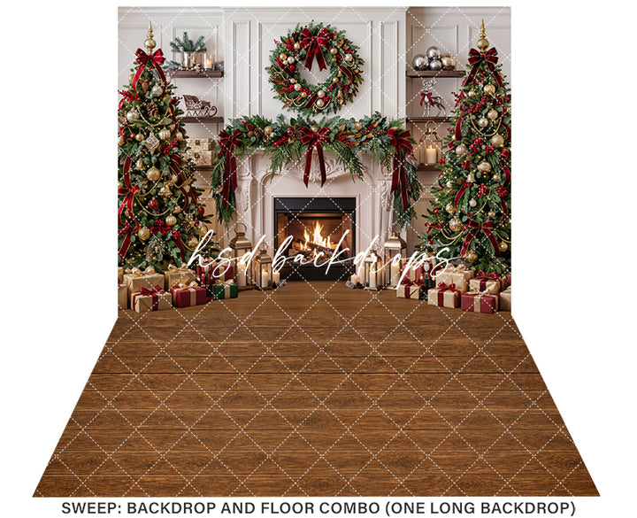 Evergreen Heirloom Fireplace Photography Backdrop – Classic Christmas Room Scene | HSD Backdrops