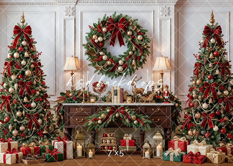 Heirloom Christmas Console photography backdrop with decorated Christmas trees, festive wreath, wooden console table, burgundy ribbons, gold ornaments, lanterns, wrapped gifts, lamps, and classic holiday room styling.