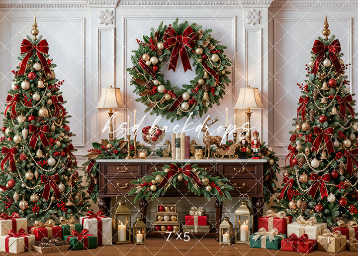 Heirloom Christmas Console photography backdrop with decorated Christmas trees, festive wreath, wooden console table, burgundy ribbons, gold ornaments, lanterns, wrapped gifts, lamps, and classic holiday room styling.