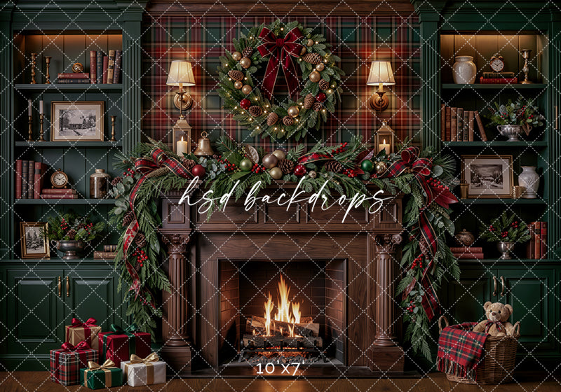 Plaid Christmas Library Fireplace Photography Backdrop – Cozy Holiday Study Scene | HSD Backdrops