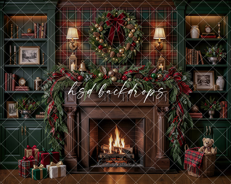 Plaid Christmas Library Fireplace Photography Backdrop – Cozy Holiday Study Scene | HSD Backdrops