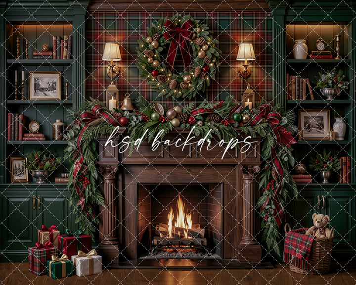 Plaid Christmas Library Fireplace Photography Backdrop – Cozy Holiday Study Scene | HSD Backdrops