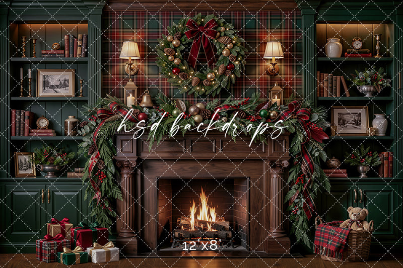 Plaid Christmas Library Fireplace Photography Backdrop – Cozy Holiday Study Scene | HSD Backdrops