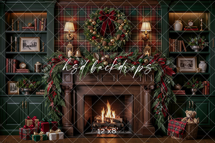 Plaid Christmas Library Fireplace Photography Backdrop – Cozy Holiday Study Scene | HSD Backdrops