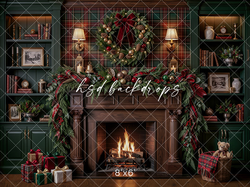 Plaid Christmas Library Fireplace Photography Backdrop – Cozy Holiday Study Scene | HSD Backdrops