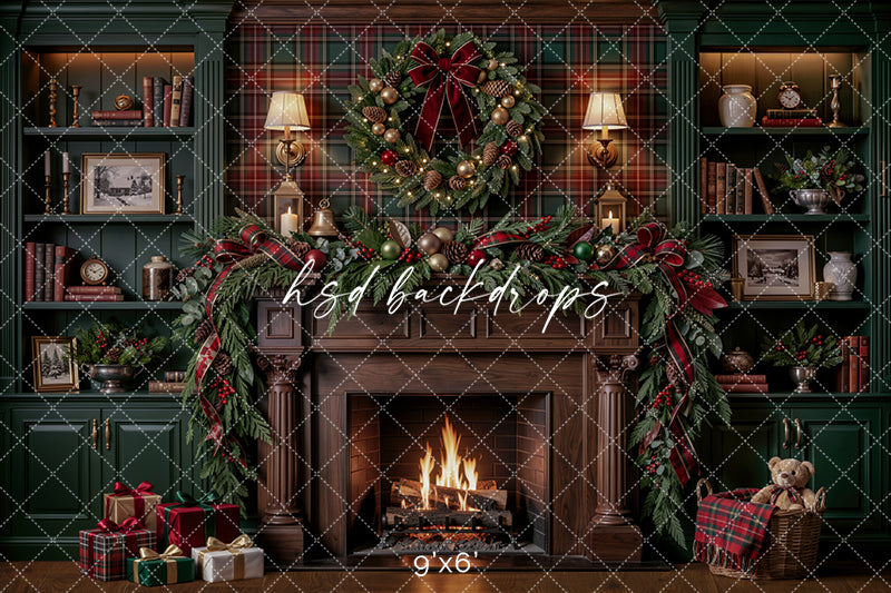 Plaid Christmas Library Fireplace Photography Backdrop – Cozy Holiday Study Scene | HSD Backdrops