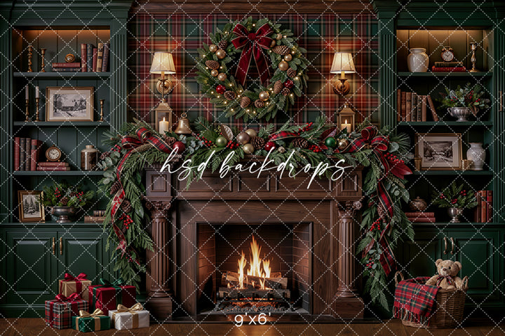 Plaid Christmas Library Fireplace Photography Backdrop – Cozy Holiday Study Scene | HSD Backdrops