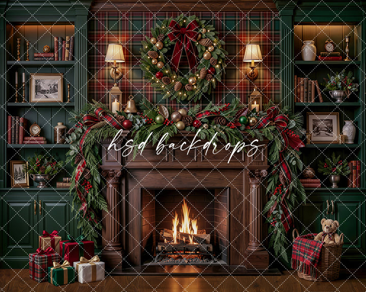 Plaid Christmas Library Fireplace Photography Backdrop – Cozy Holiday Study Scene | HSD Backdrops