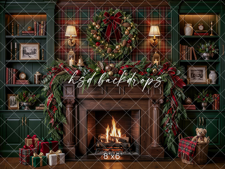 Plaid Christmas Library Fireplace Photography Backdrop – Cozy Holiday Study Scene | HSD Backdrops