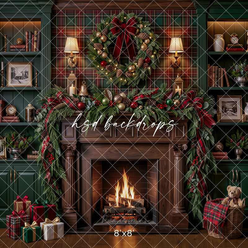 Plaid Christmas Library Fireplace Photography Backdrop – Cozy Holiday Study Scene | HSD Backdrops