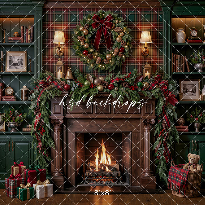 Plaid Christmas Library Fireplace Photography Backdrop – Cozy Holiday Study Scene | HSD Backdrops